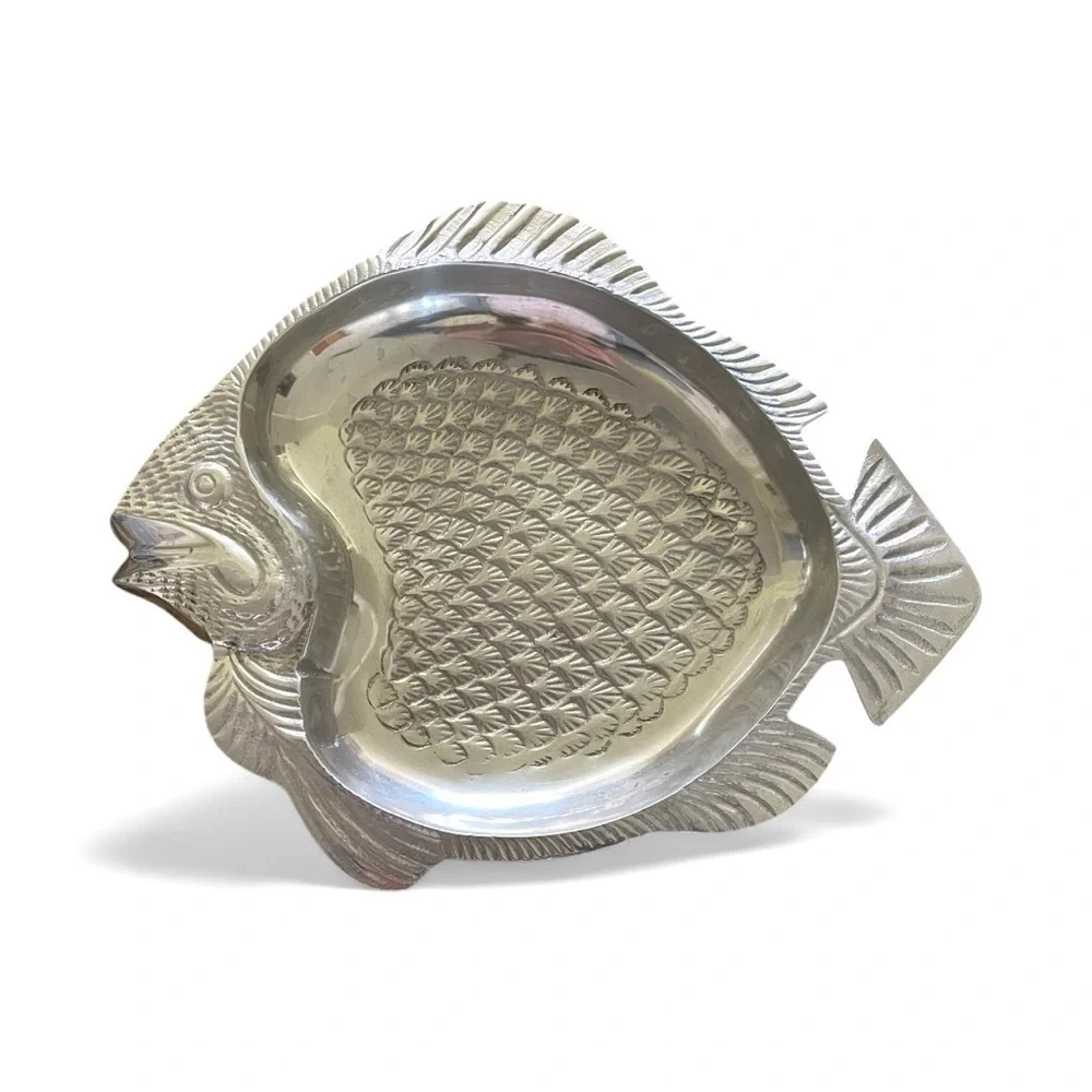Pewter Fish Serving Tray, Silver-Tone, Embossed and Detailed.
